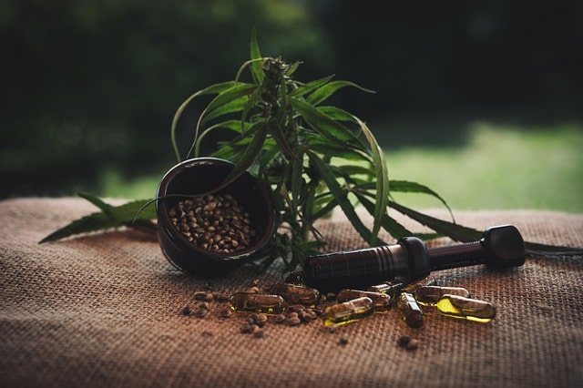 Flacon de CBD sur une table en bois avec des plantes en arrière-plan