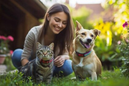 Chien et chat heureux jouant ensemble dans un jardin verdoyant