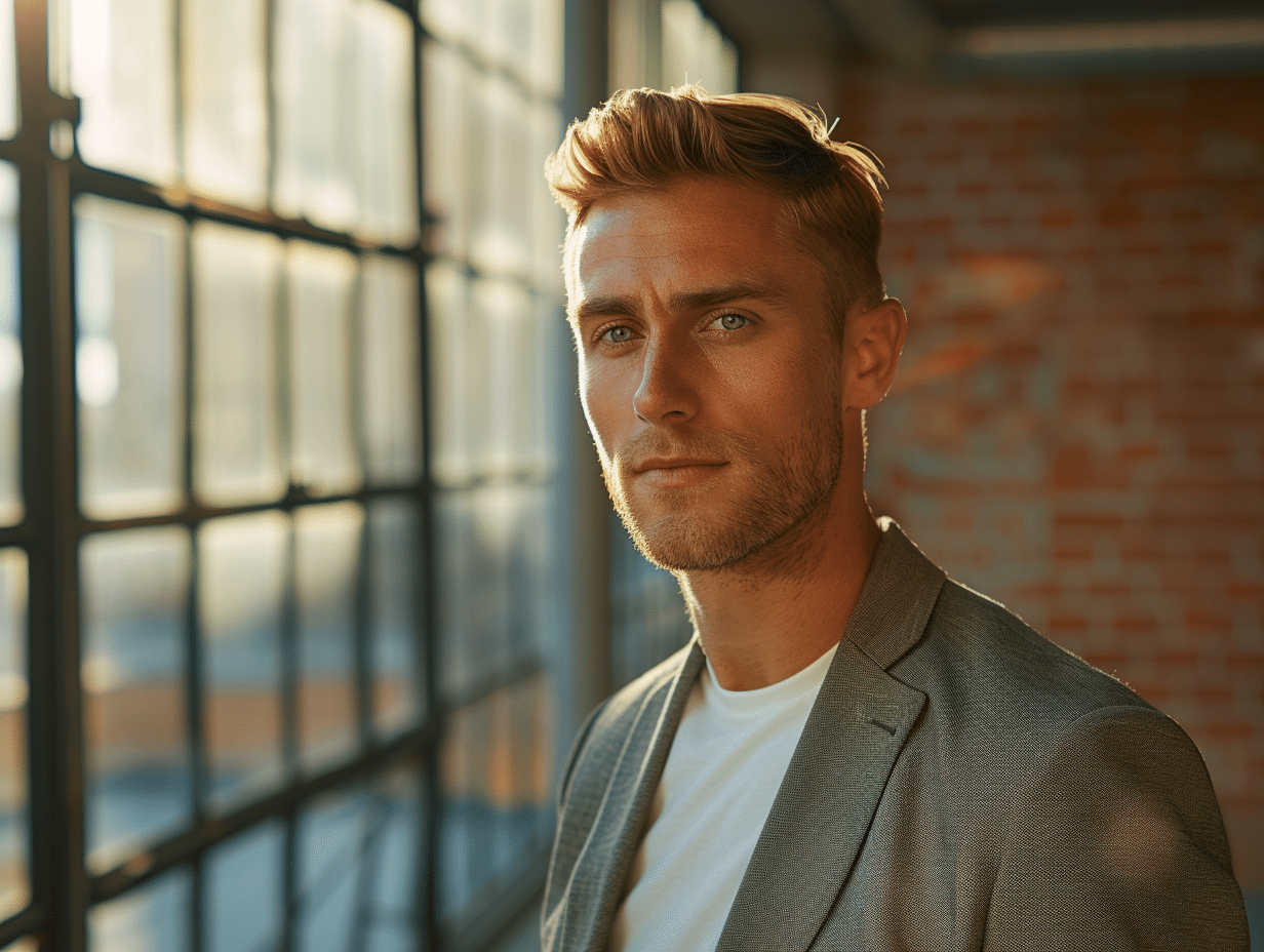 Homme blond aux cheveux courts avec un style moderne et soigné