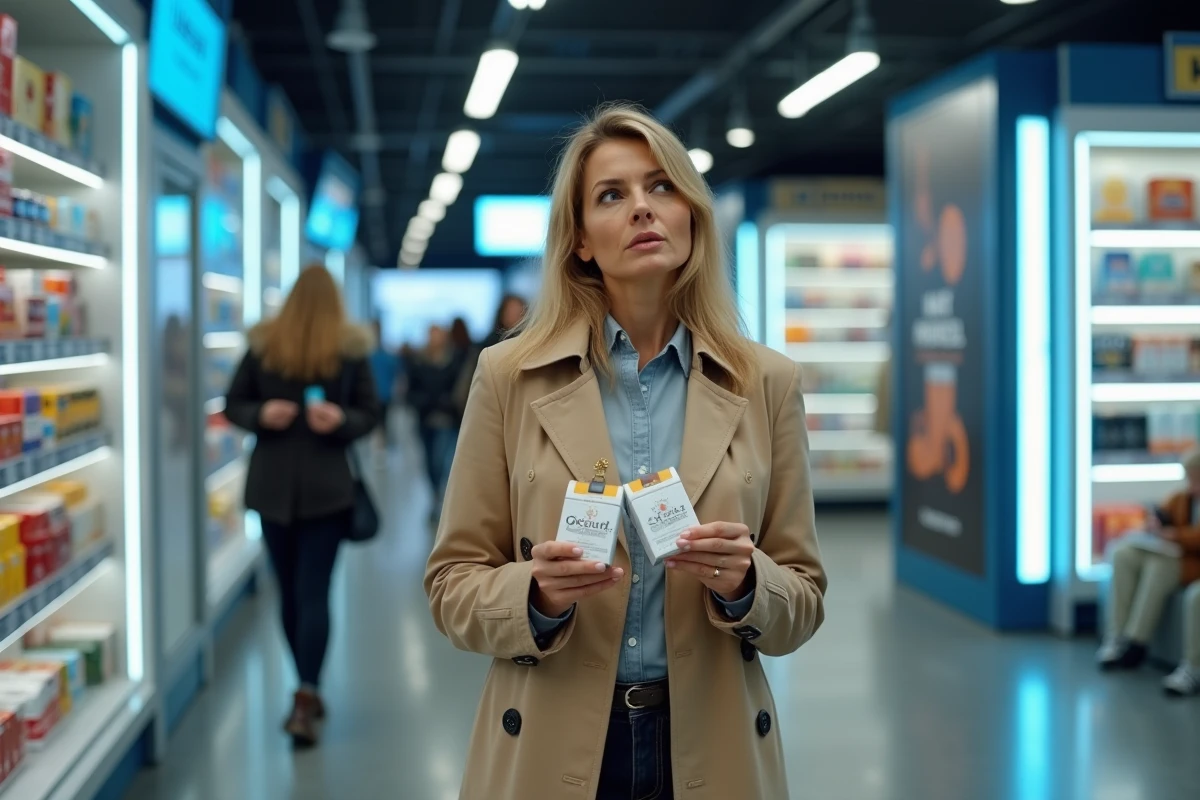 Femme comparant des cartouches de tabac dans une boutique duty-free à la frontière