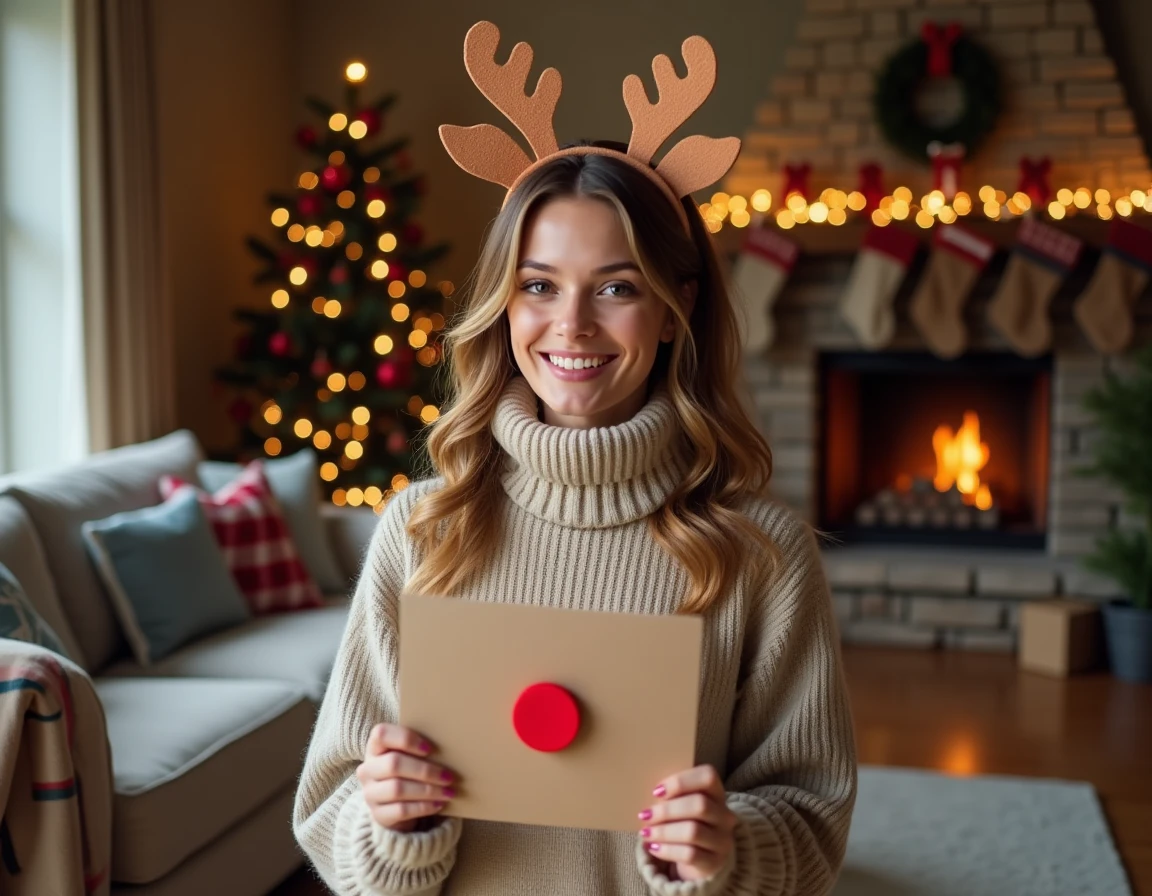 Femme déguisée en renne tenant une carte d'activité de Noël faite main près d'une cheminée décorée