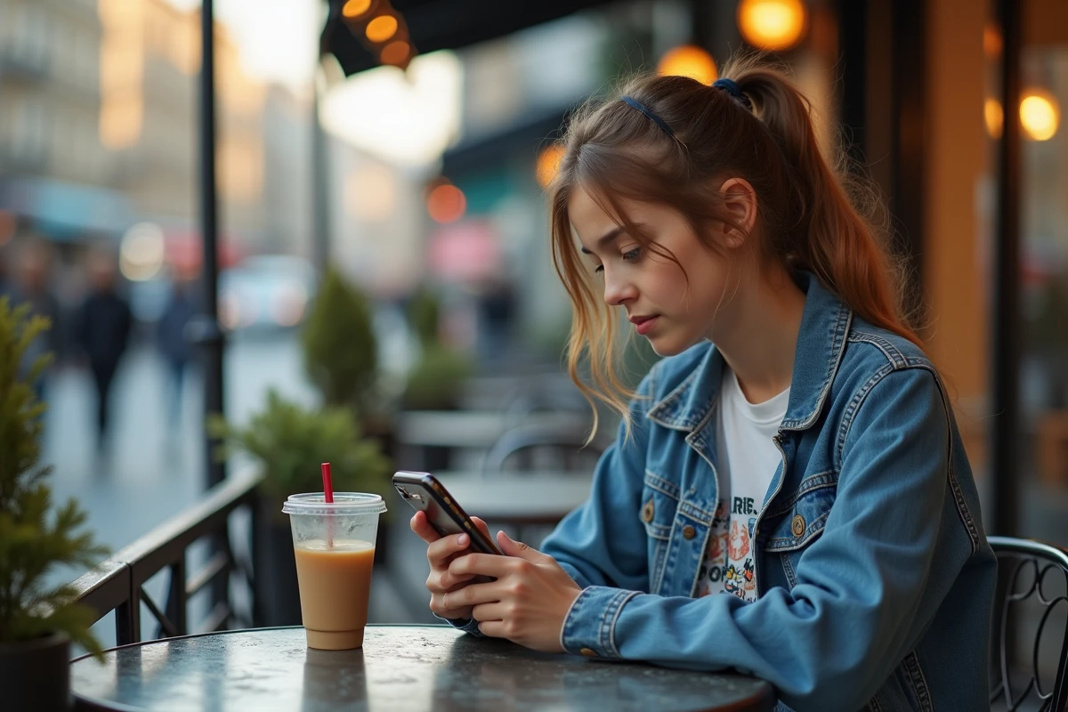 Adolescente consultant un site de lecture de manga sur smartphone en terrasse de café, cherchant la meilleure alternative à Crunchscan en 2026