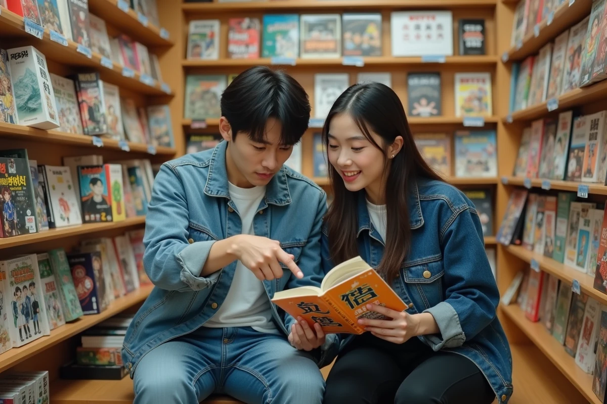 Deux amis découvrant ensemble des mangas dans une librairie japonaise, illustrant le choix d'un nouveau manhwa à lire