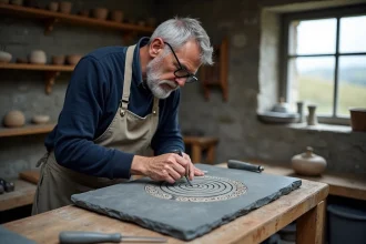 Artisan breton gravant un symbole triskel sur une ardoise dans un atelier de pierre traditionnel