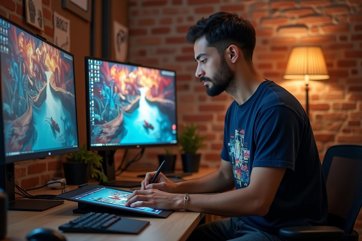 Artiste numérique masculin créant un webtoon sur tablette graphique dans un studio créatif, illustrant l'évolution de la création de manhwas et webtoons en ligne en 2026