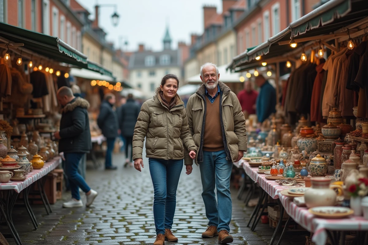 Acheteurs parcourant les étals d'une braderie en plein air dans le Nord de la France avec des articles vintage