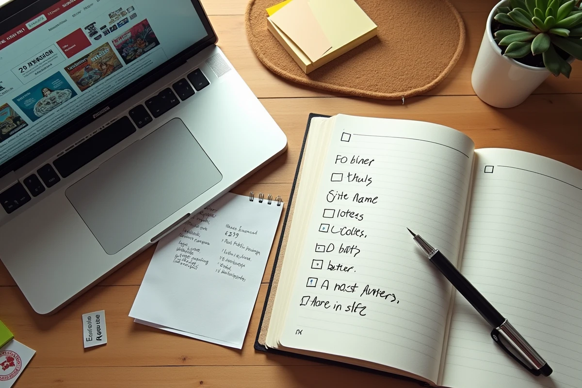 Vue de dessus d'un bureau avec un manga ouvert, un ordinateur portable et une checklist manuscrite de sites alternatifs de lecture