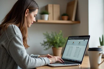 Femme utilisant un convertisseur pieds en centimètres sur un ordinateur portable lors d'un achat sur un site américain