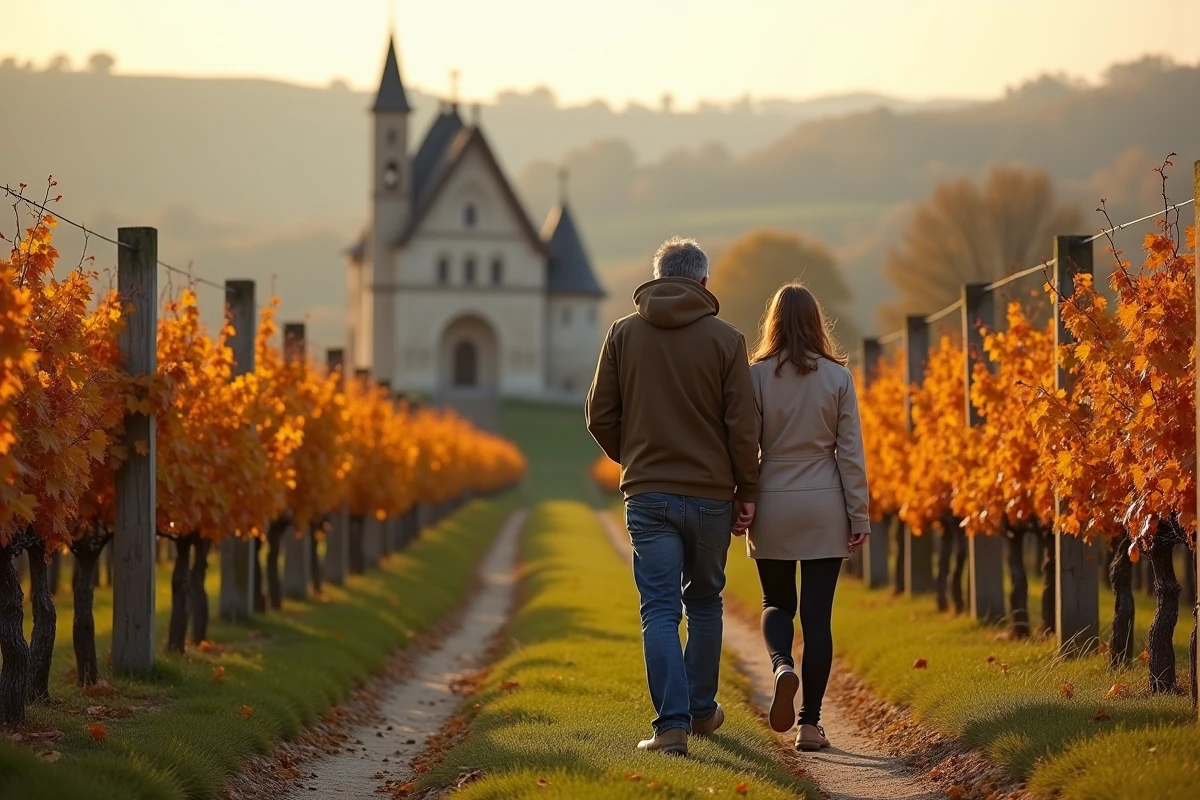 Couple se promenant sur un chemin viticole de la Route des Vins d'Alsace en automne avec une chapelle en arrière-plan