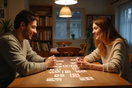 Deux joueurs adultes face à face autour d'une table en bois jouant à la crapette rapide avec des cartes étalées