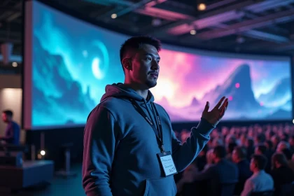 Développeur de jeux vidéo présentant une conférence Summer Game Fest 2026 sur scène devant un écran LED géant en convention
