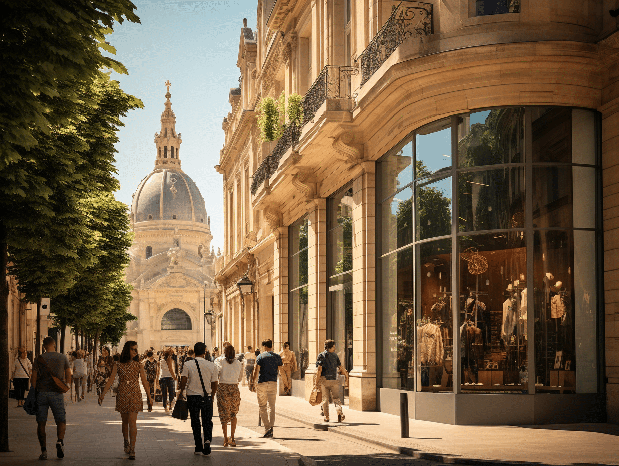 Rue Sainte-Catherine animée avec boutiques et passants à Bordeaux