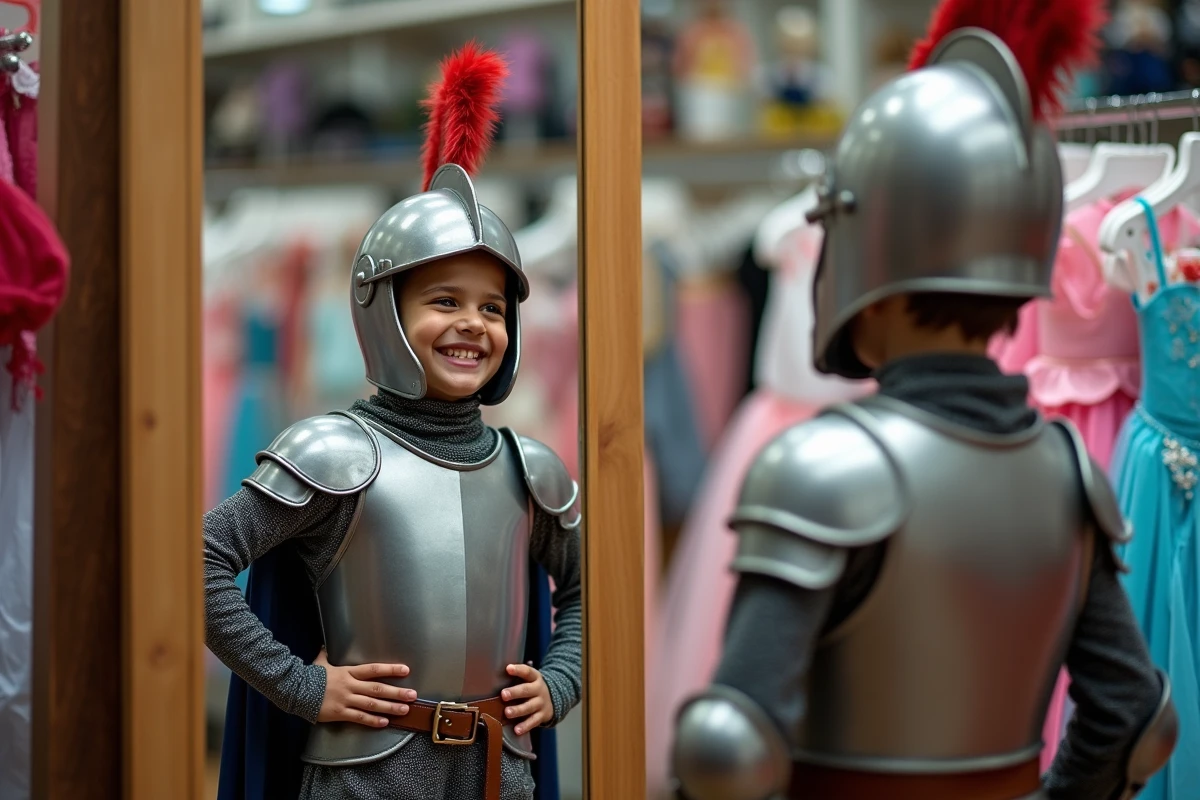 Un jeune garçon déguisé en chevalier essayant son costume devant un miroir dans une boutique de déguisements pour enfants à Paris