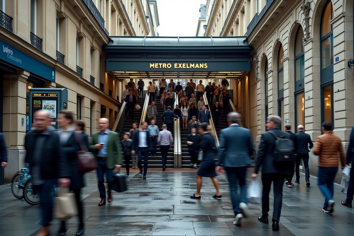 Entrée de la station de métro Exelmans sur la ligne 9 à Paris avec des navetteurs au moment des heures de pointe
