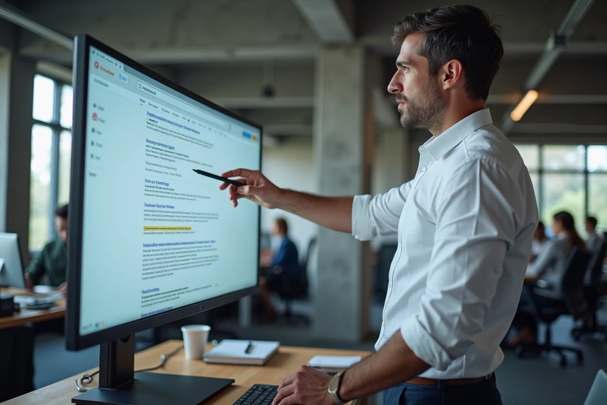 Expert en référencement présentant des résultats de positionnement sur moteur de recherche dans une agence digitale