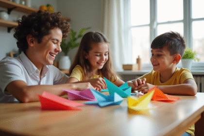 Famille heureuse pliant des avions en papier dans la cuisine