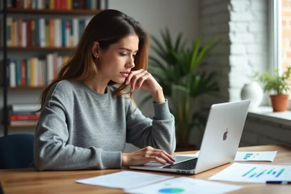 Femme analyste SEO travaillant sur des rapports de référencement naturel dans un bureau à domicile moderne
