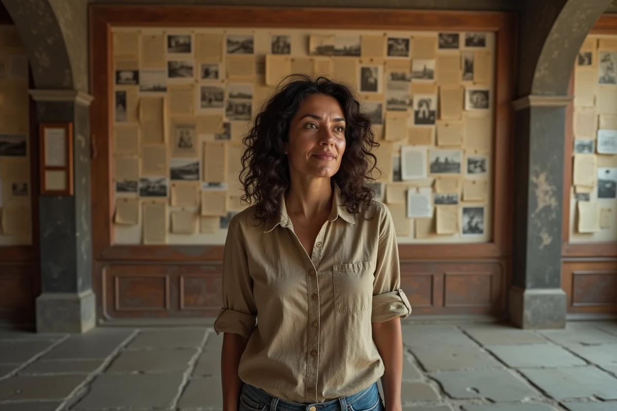 Femme debout devant des archives historiques dans une bibliothèque publique, symbolisant la recherche d'informations sur la biographie et la date de naissance d'une célébrité