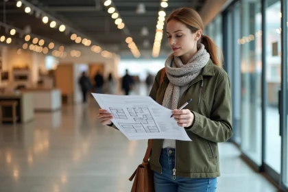 Femme avec plan et carnet devant un magasin de meubles
