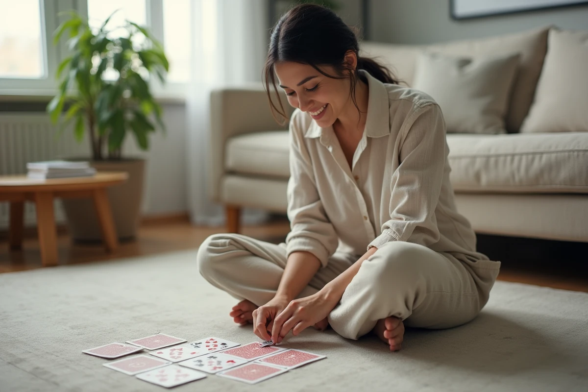 Jeune femme assise au sol organisant ses cartes pour une partie de crapette en version rapide