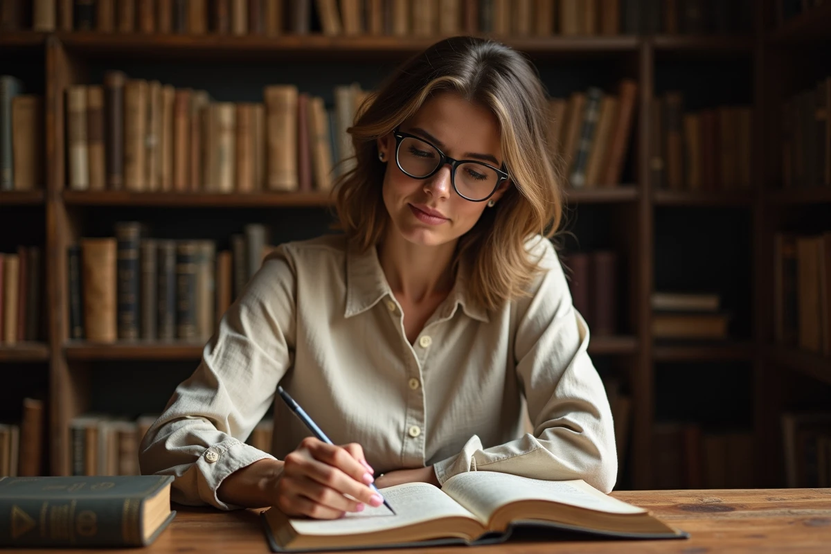 Femme consultant un dictionnaire français ouvert à son bureau pour vérifier le genre grammatical du mot noria