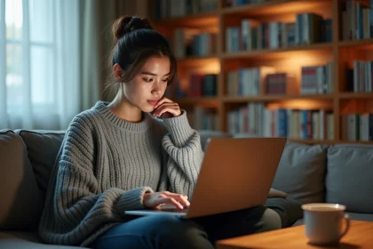 Jeune femme lisant des mangas en ligne sur un site de lecture comme Crunchscan, assise sur un canapé dans un appartement chaleureux