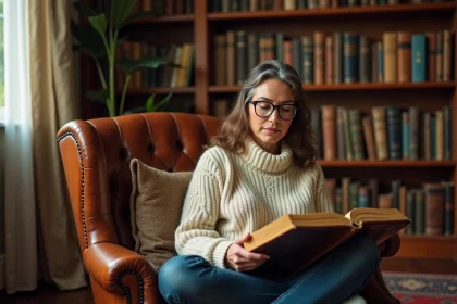 Femme lisant un roman historique dans une bibliothèque vintage aux étagères chargées de livres anciens