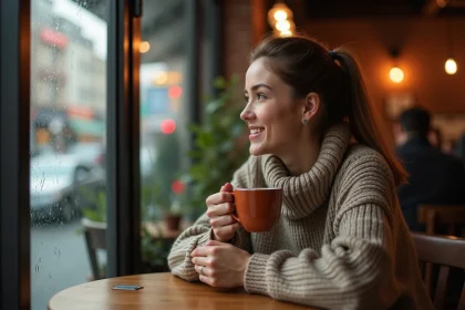 Femme pensive dans un café pensant à quelqu'un, illustrant les signes psychologiques qu'une personne pense à vous