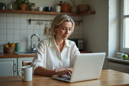 Femme utilisant un site de braderie en ligne comme Sabradou 59 Nord sur son ordinateur portable dans sa cuisine