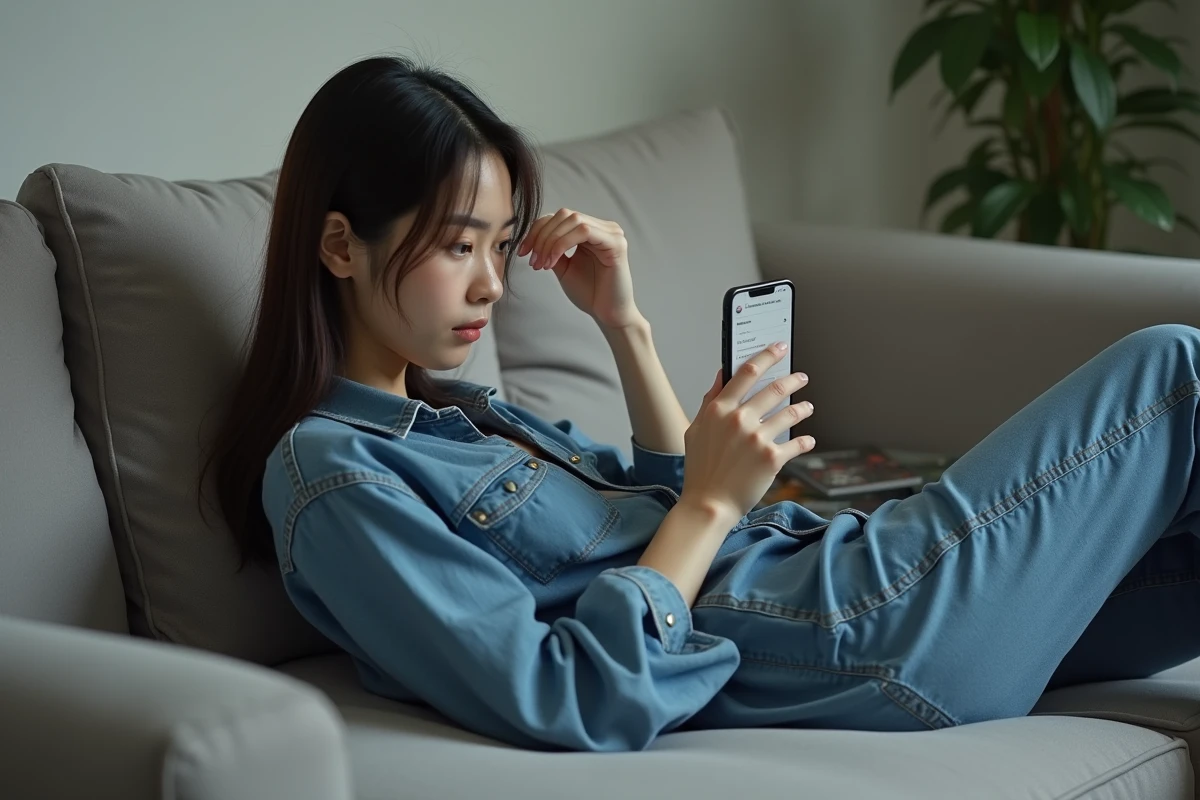 Jeune femme allongée sur un canapé cherchant des alternatives à un site de manga en panne sur son smartphone
