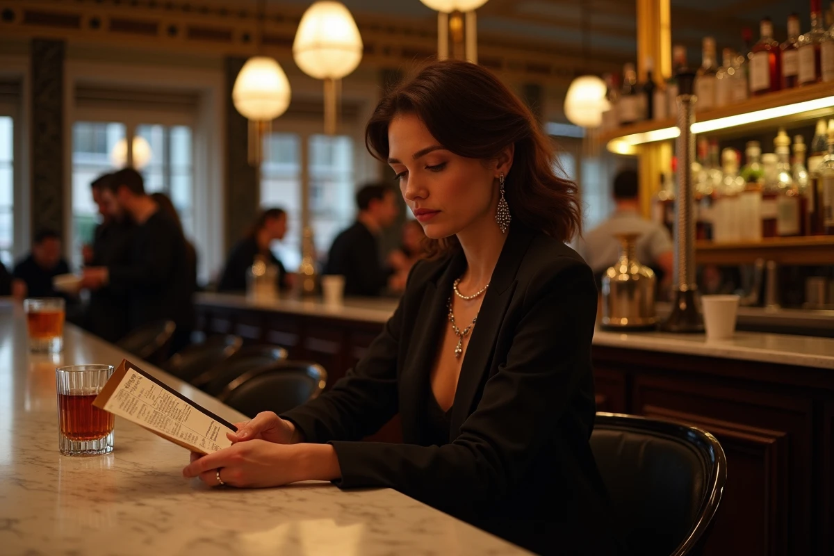 Femme élégante examinant un menu de cocktails au bar à Lille