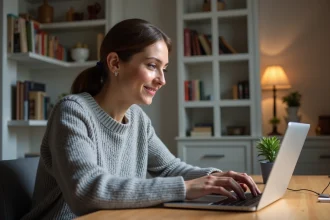 Femme utilisant ChatGPT en français sur un ordinateur portable dans un bureau à domicile