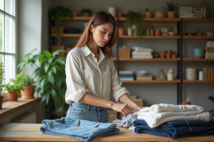 Jeune femme triant des vêtements d'occasion dans un intérieur cosy