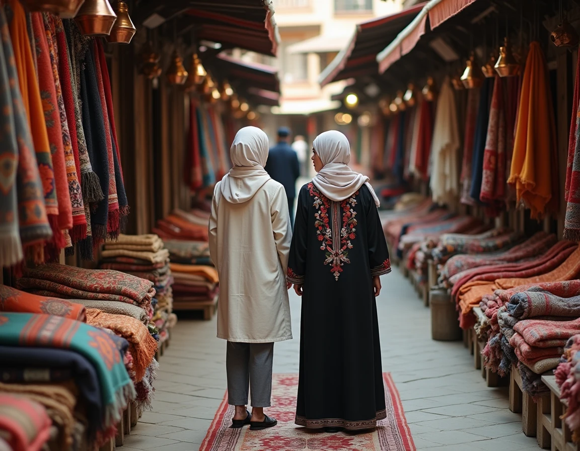 Deux femmes turques de générations différentes dans un bazar traditionnel, illustrant la coexistence des tenues modernes et traditionnelles en Turquie