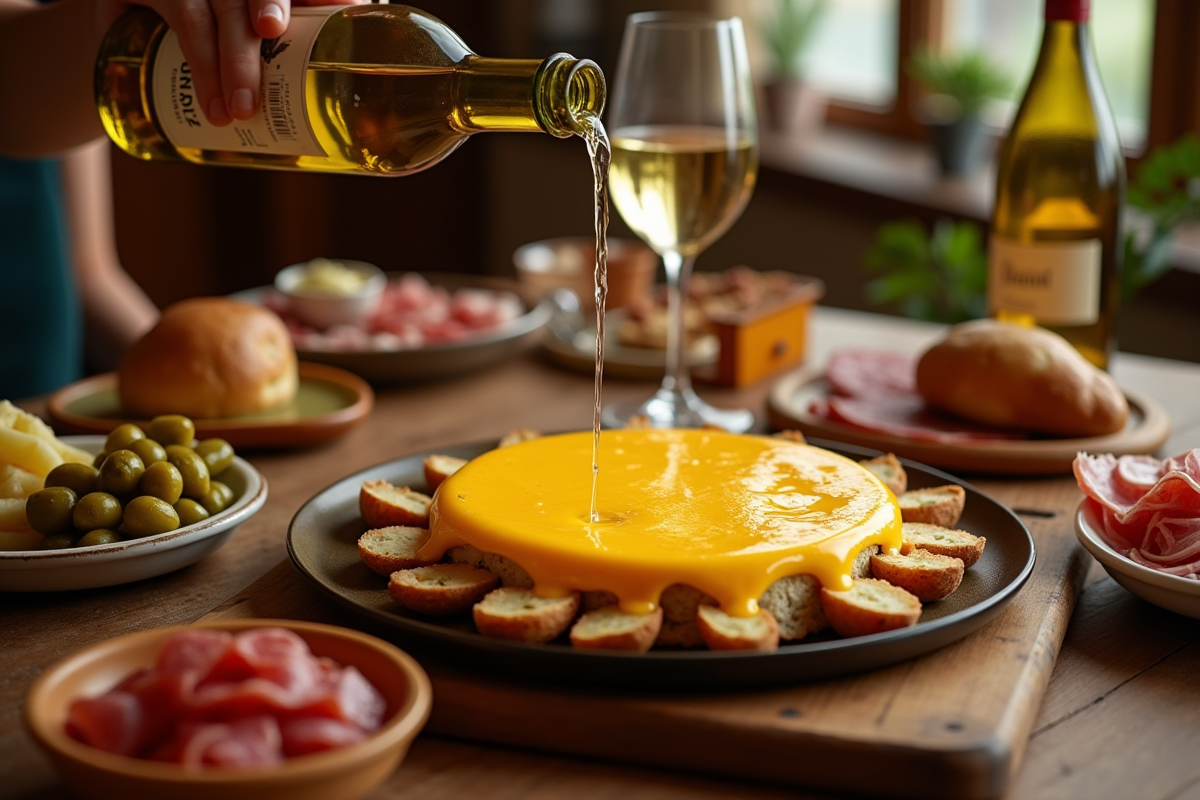Raclette fondante servie avec des pommes de terre et charcuterie