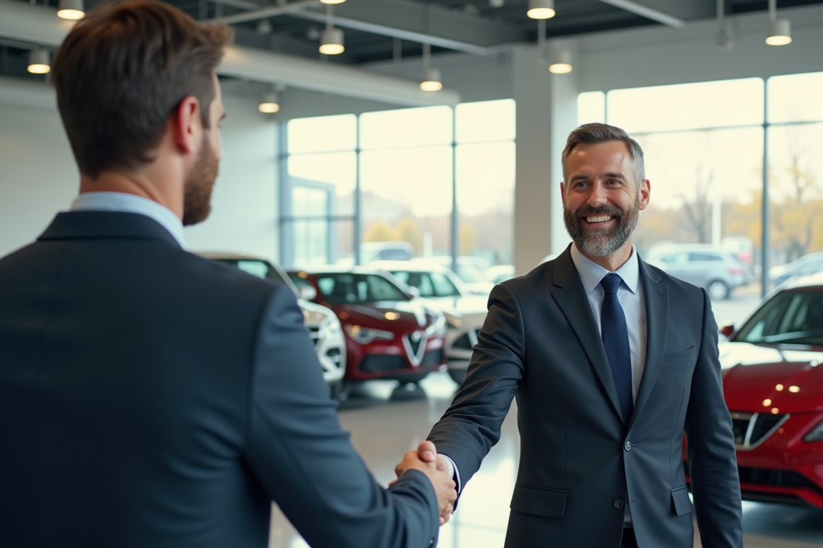 Vendeur automobile souriant dans une concession avec voitures en arrière-plan