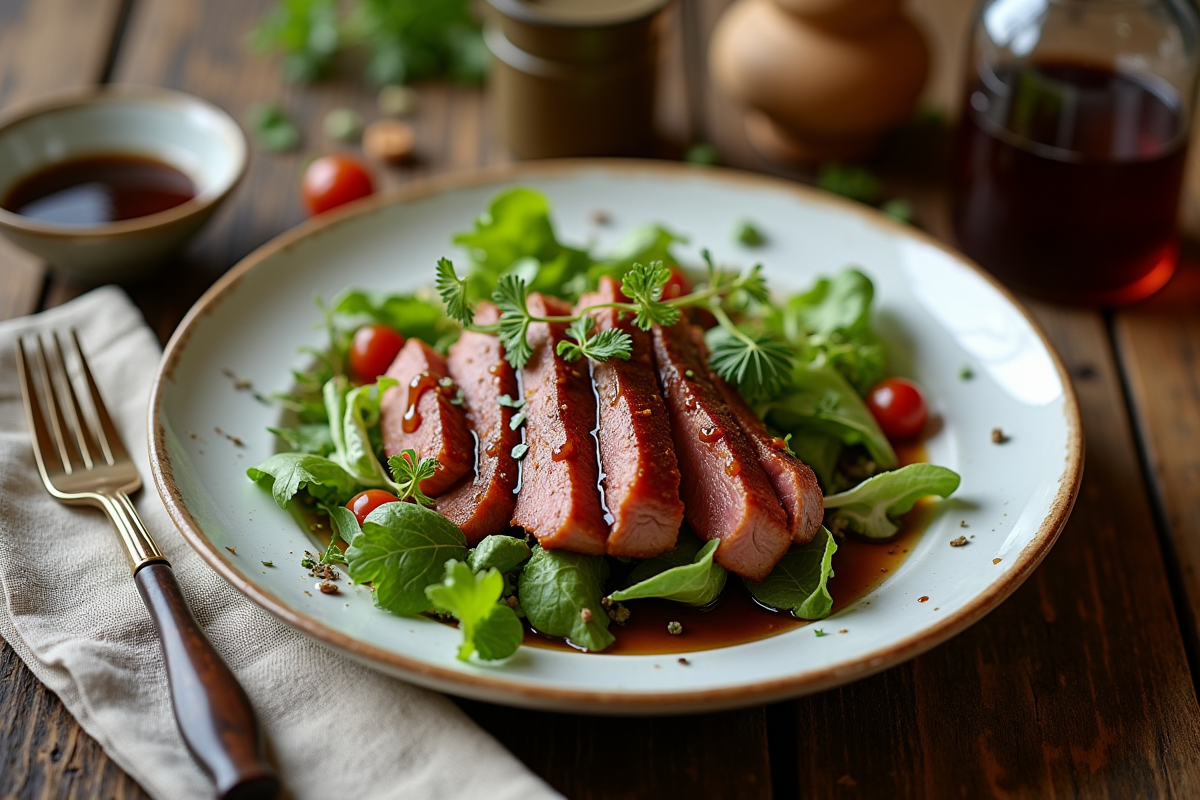 salade de magret de canard avec vinaigrette au balsamique dans un bol élégant