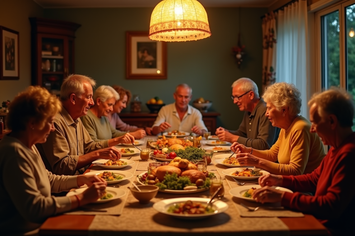 Célébration familiale réunissant plusieurs générations autour de traditions partagées