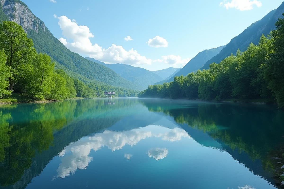 Lacs bleus de Touvérac entourés de verdure et de lumière naturelle