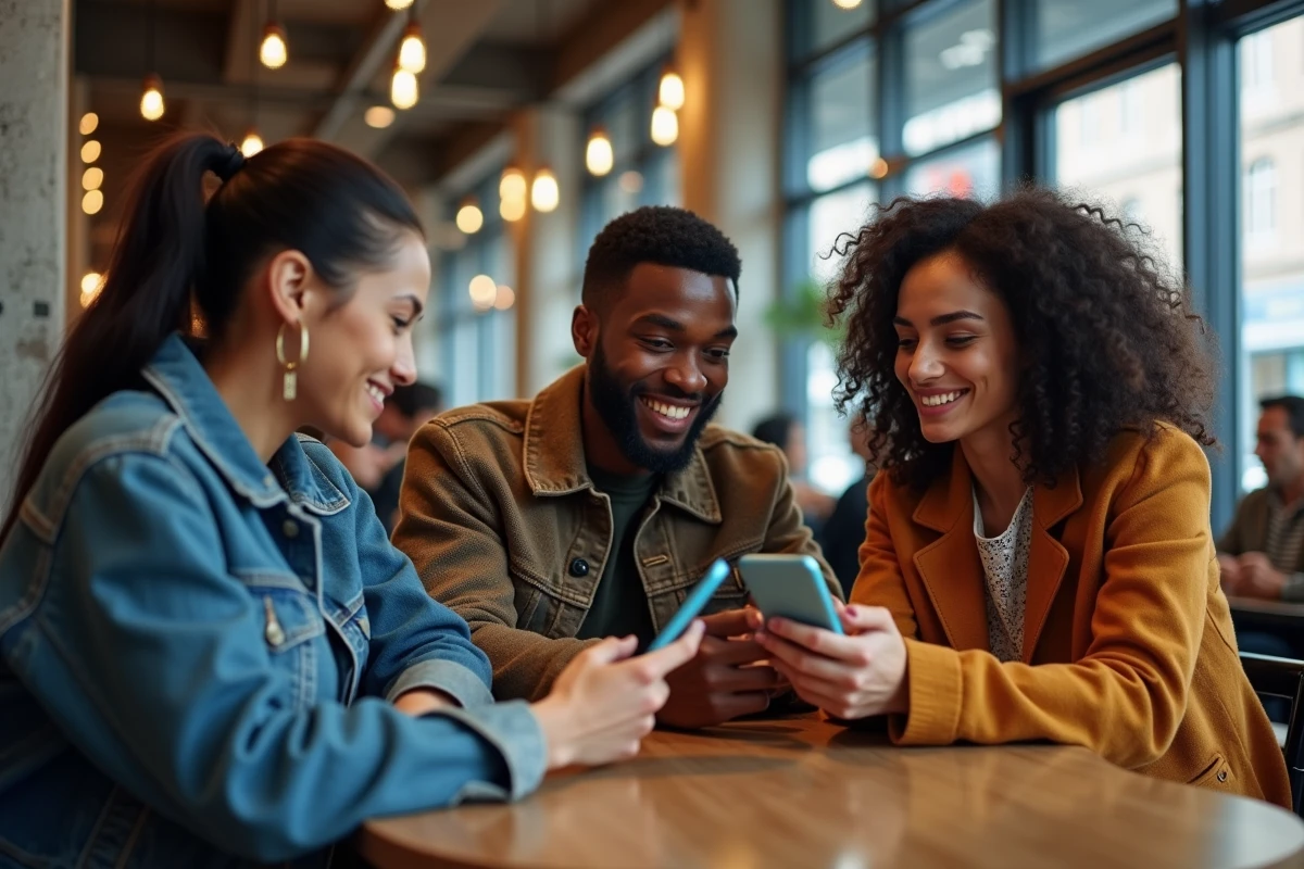 Groupe de jeunes adultes diversifiés partageant leur expérience de lecture de webtoons sur smartphone dans un café urbain, symbolisant la communauté mondiale des lecteurs de manhwas en 2026