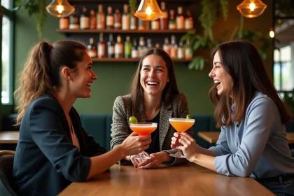 Groupe de jeunes professionnels riant autour d'un cocktail à Lille