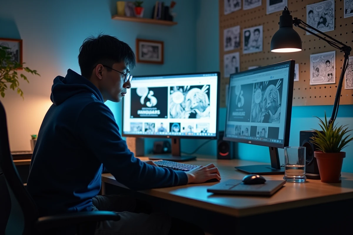 Homme comparant des sites de lecture de manga en ligne sur un double écran dans un bureau à domicile, évaluant des alternatives à Crunchscan