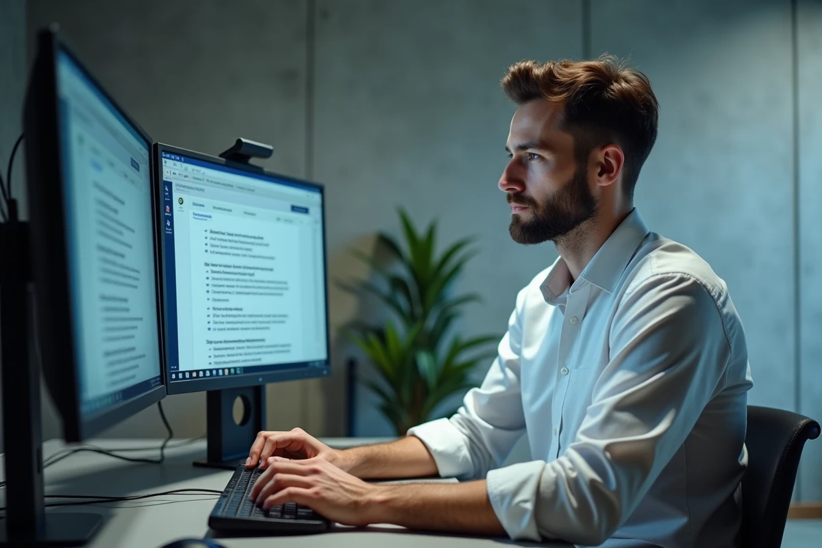 Homme professionnel configurant ChatGPT en français sur deux écrans dans un bureau moderne