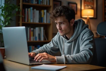 Jeune homme frustré devant un écran d'erreur de navigateur en cherchant un site de lecture manga indisponible