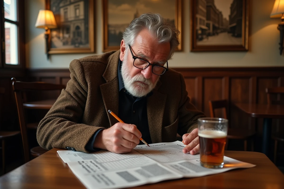 Homme résolvant des mots croisés sur la Belgique dans un café brasserie traditionnel belge