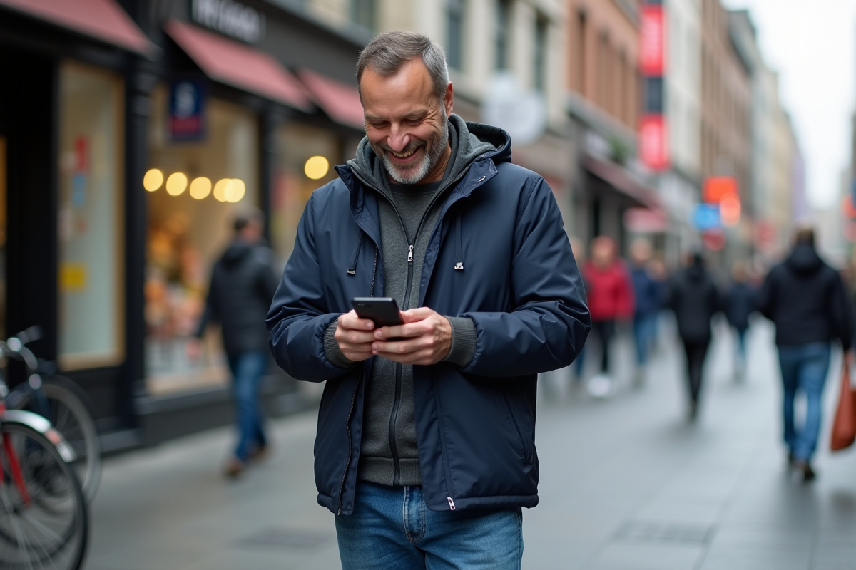 Homme souriant utilisant son smartphone en ville