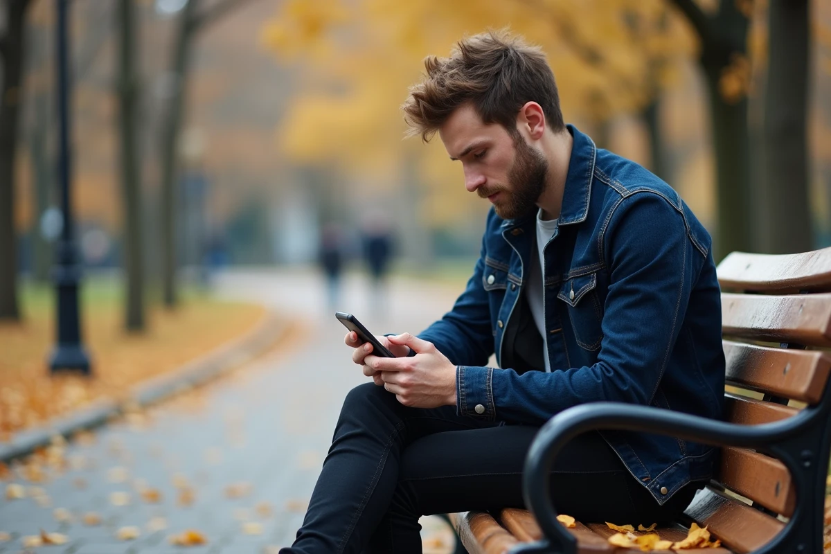 Homme assis dans un parc regardant son téléphone de façon distraite, symbolisant la connexion mentale et la pensée à distance