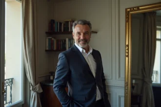 Homme parisien en costume dans un appartement haussmannien