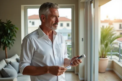 Homme inquiet regardant le thermometre en chaleur estivale