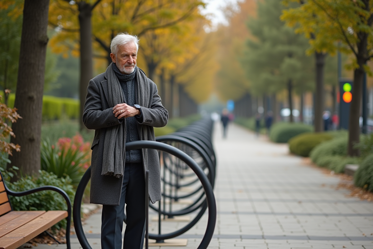Homme âgé ajustant sa montre près d un support à vélo sculptural
